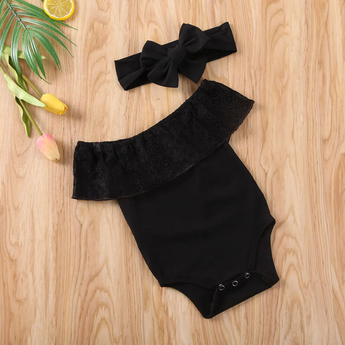 Baby Girl Romper & Headband Outfit Black Lace Romper Jumpsuit 2 pieces