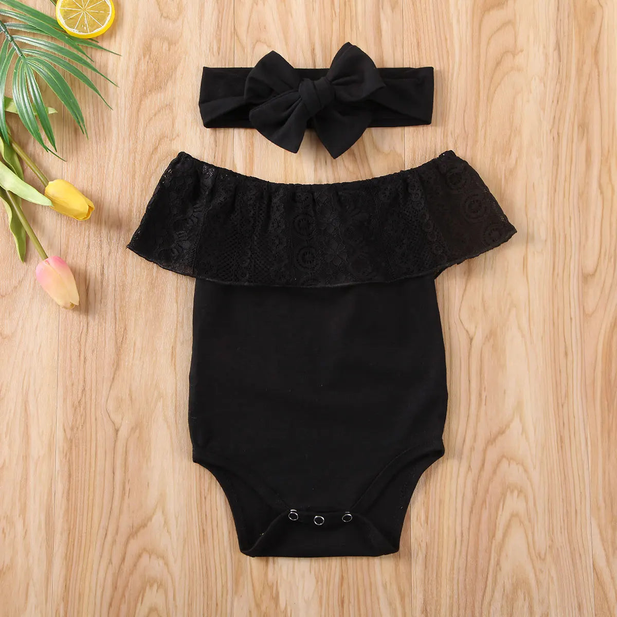 Baby Girl Romper & Headband Outfit Black Lace Romper Jumpsuit 2 pieces