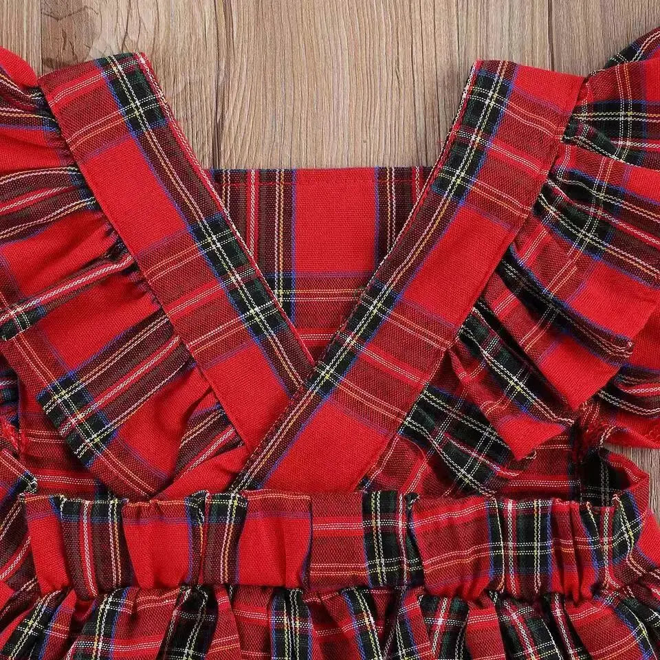 Christmas Baby Girl Christmas Romper Plaid Dress and Headband