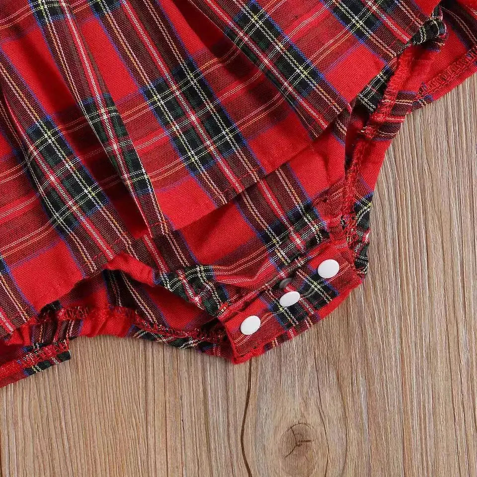 Christmas Baby Girl Christmas Romper Plaid Dress and Headband