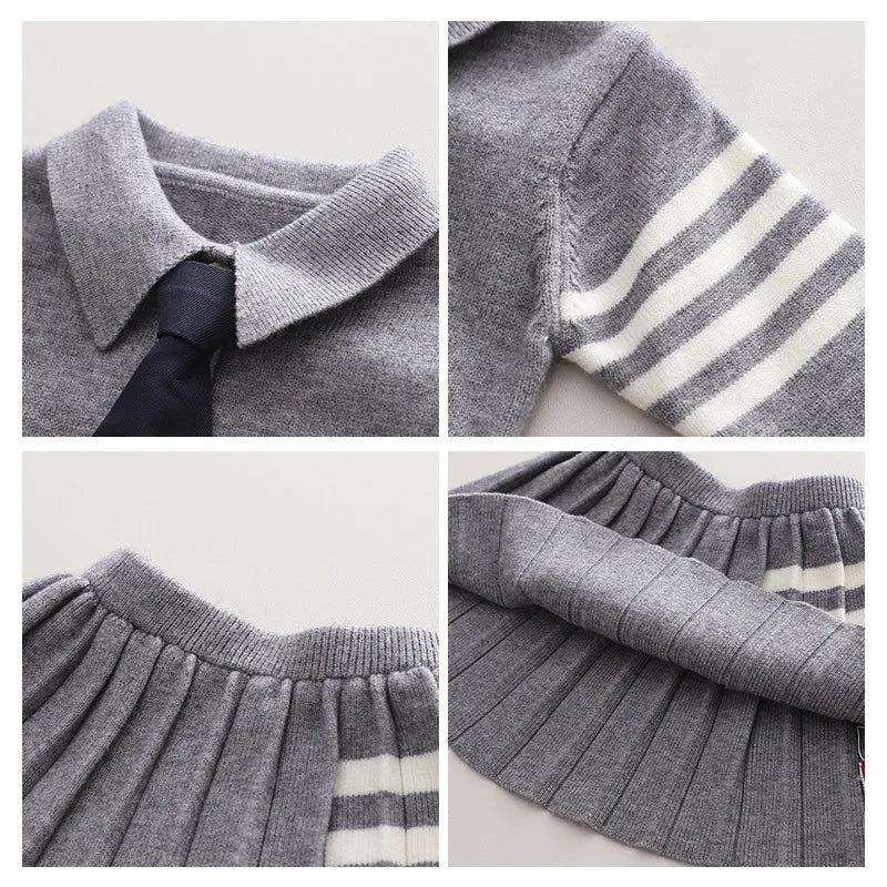 Autumn Clothes Set Knitted Sweater Tie Pleated Skirt