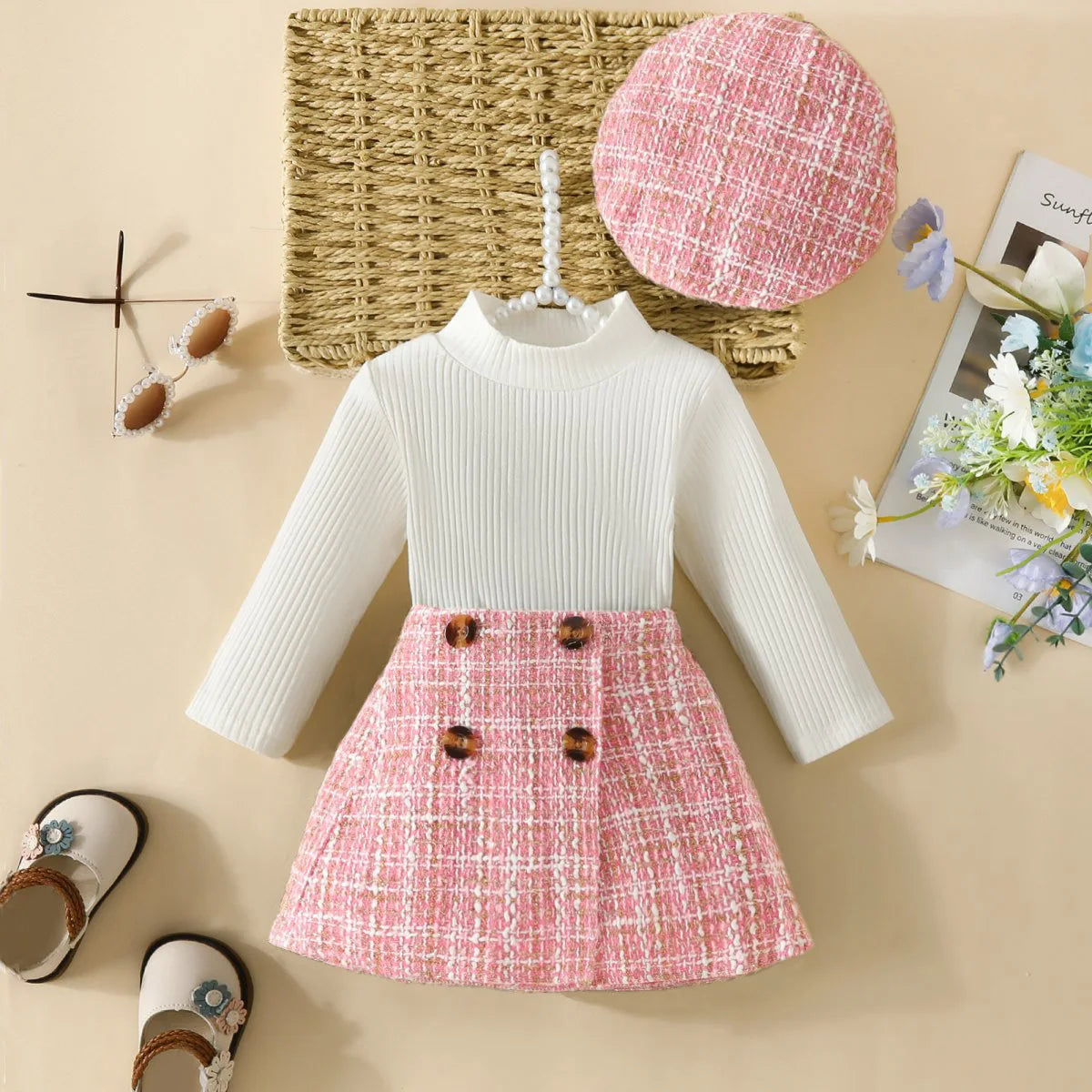 Autumn Long Sleeve Top Dress Set and Beret