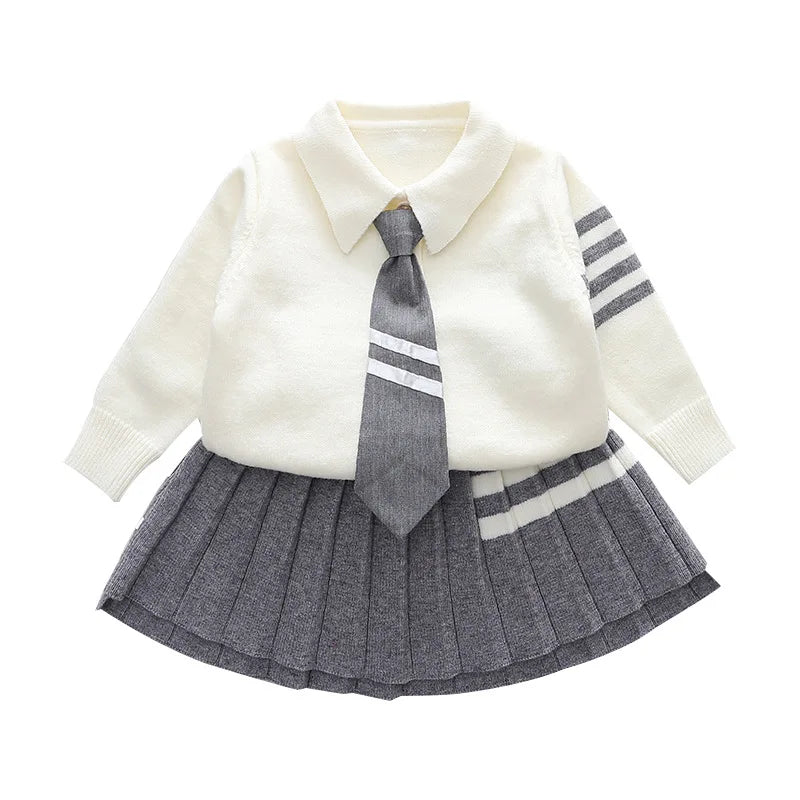 Autumn Clothes Set Knitted Sweater Tie Pleated Skirt