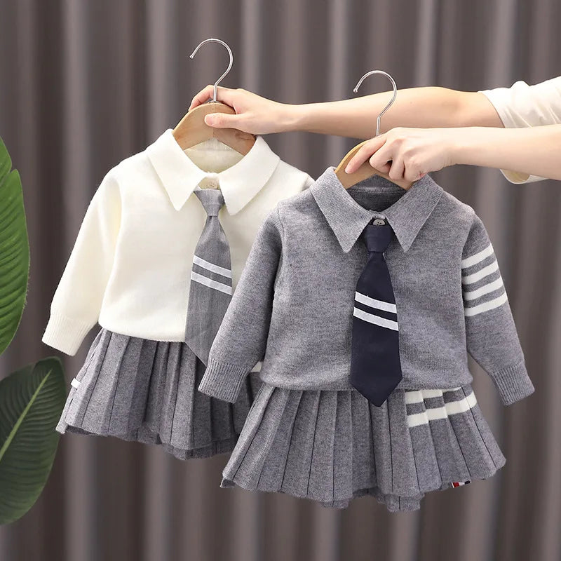 Autumn Clothes Set Knitted Sweater Tie Pleated Skirt