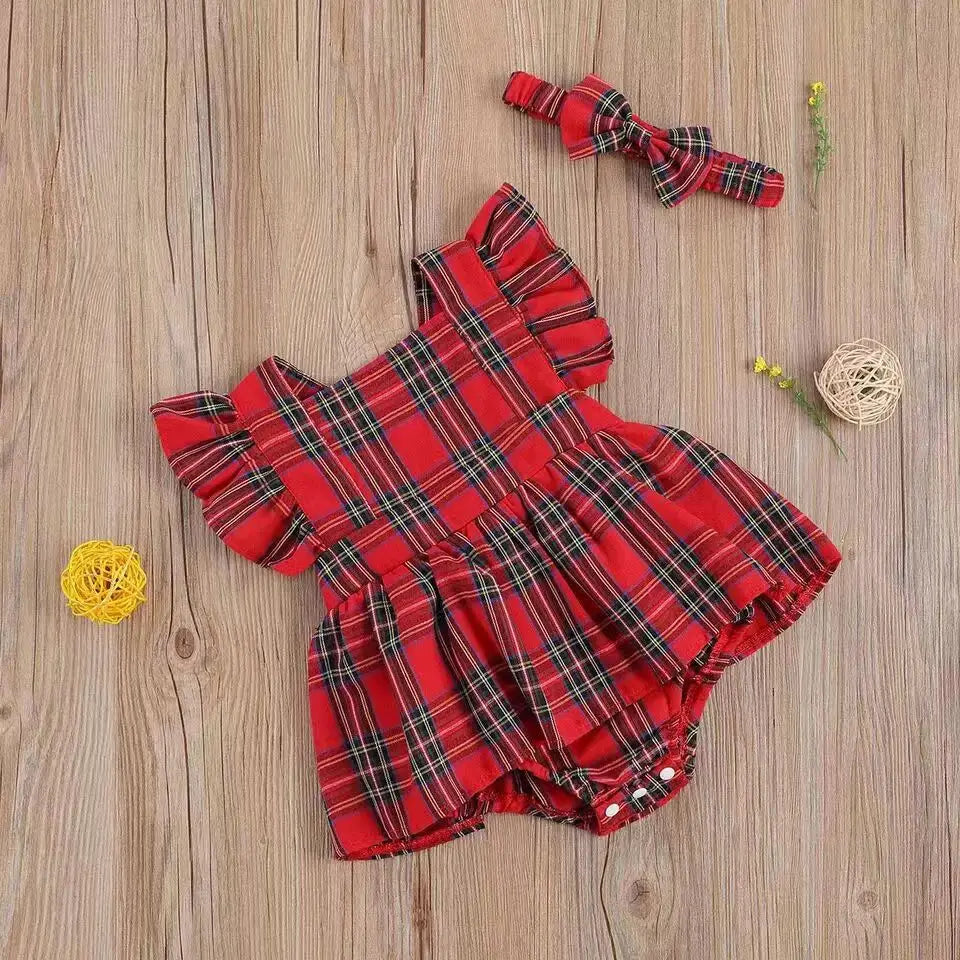Christmas Baby Girl Christmas Romper Plaid Dress and Headband