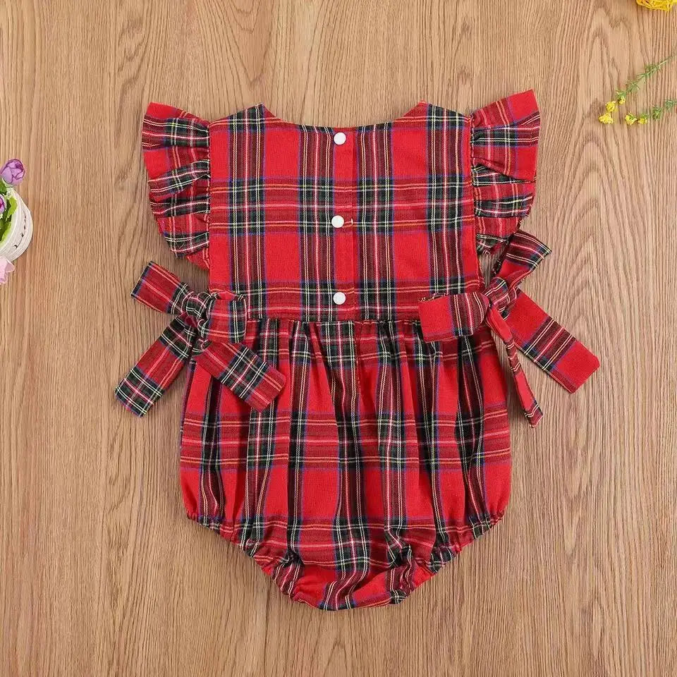 Christmas Baby Girl Christmas Romper Plaid Dress and Headband