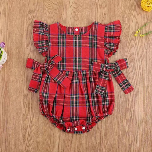 Christmas Baby Girl Christmas Romper Plaid Dress and Headband